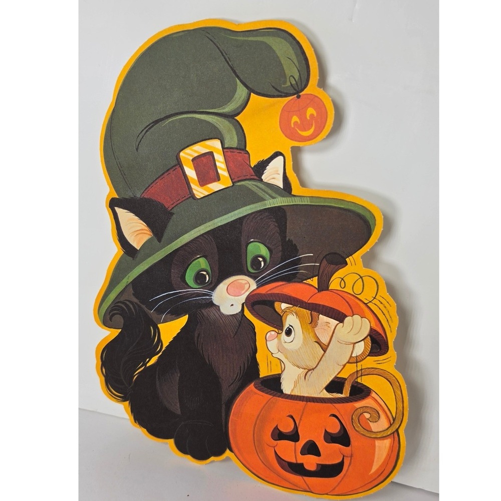 Vintage Halloween Die Cut Black Cat Witch Hat Kitten Jack-O-Lantern Wall Decor